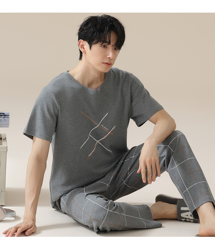 Summer pure cotton pajamas for men, cartoon casual short-sleeved shirts and long pants, pure cotton comfortable home wear, summer youth student set pic 128