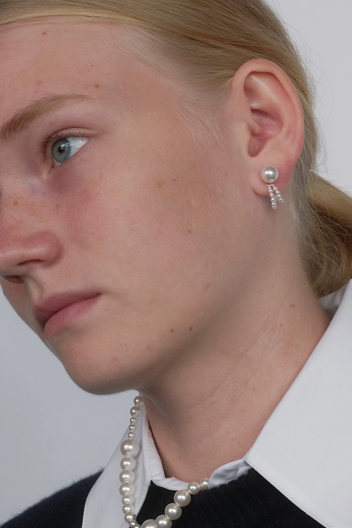 施家正圆珍珠耳钉链条小众时髦百搭气质通勤简约通体s925纯银耳饰详情2