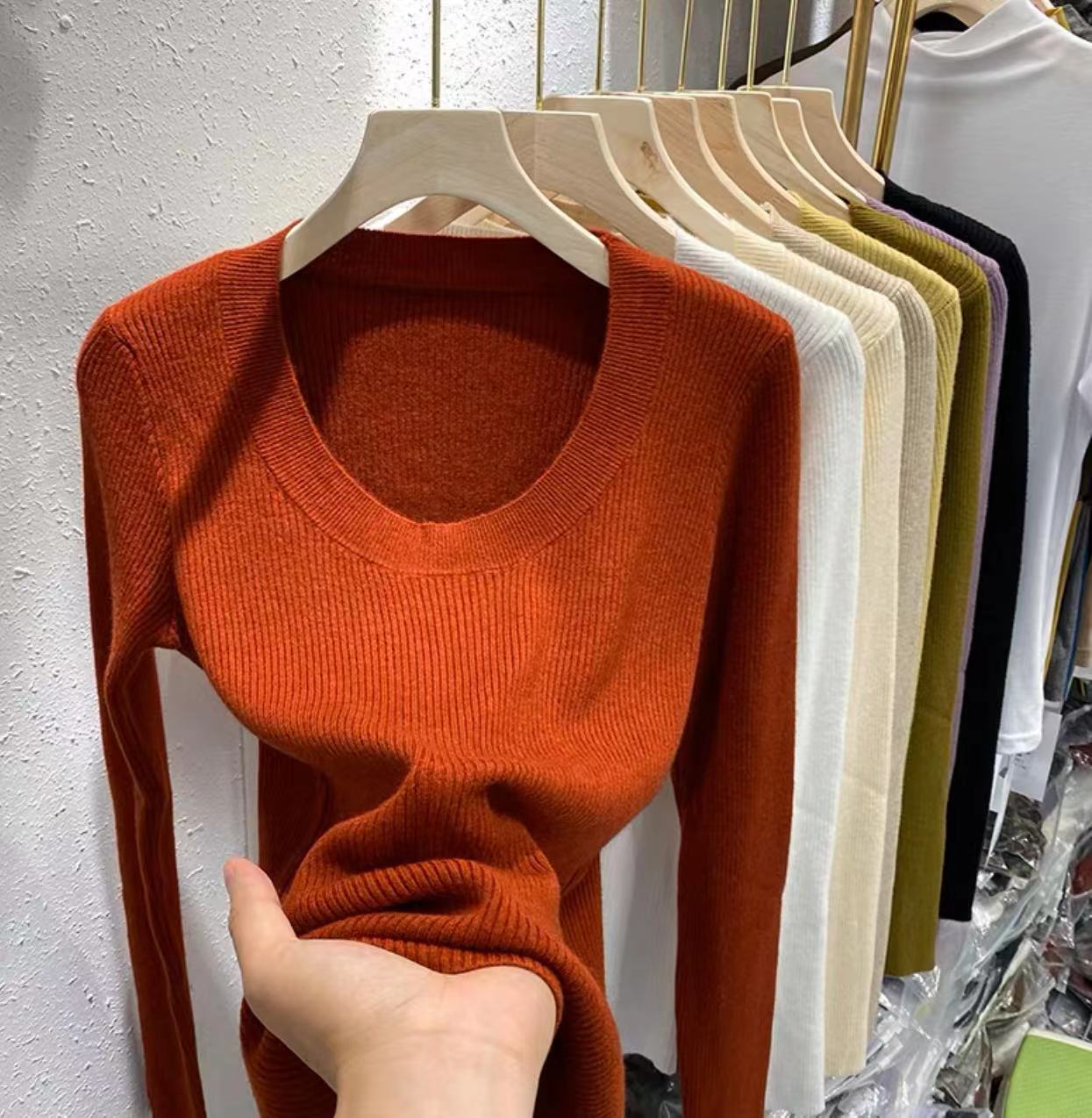 U领针织衫女韩国东大门露锁骨修身纯色安迪绒打底衫安迪绒长袖衫详情33