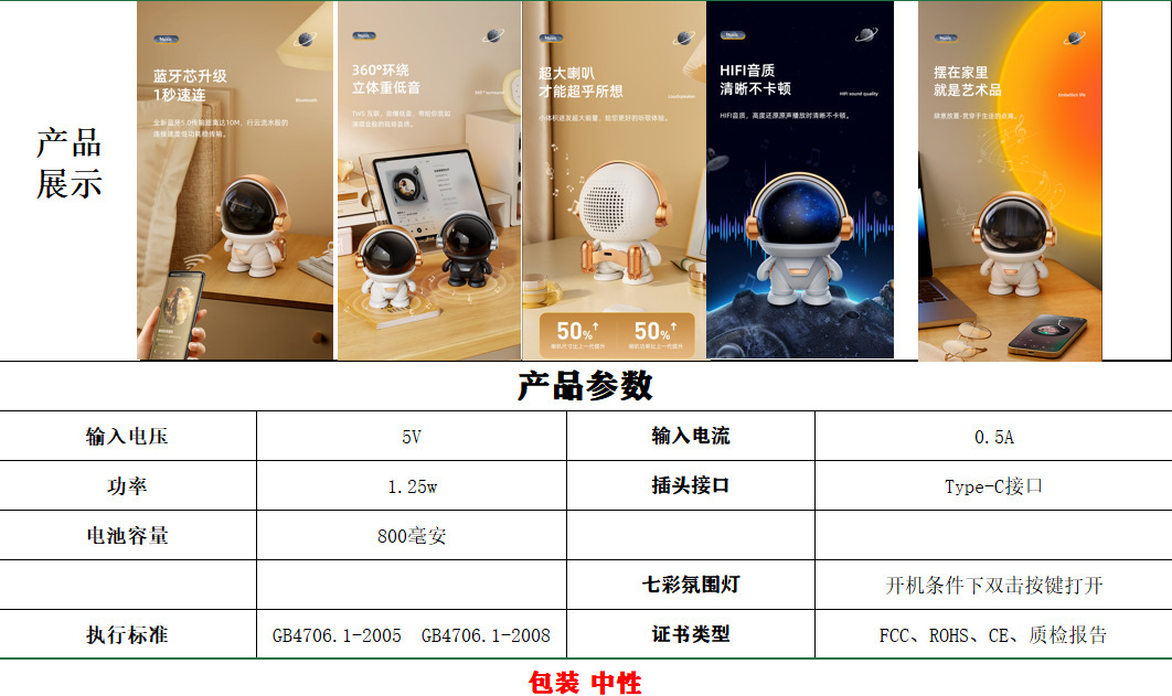 跨境太空人宇航员无线蓝牙音箱AI智能户外低音炮桌面创意摆件礼品详情3