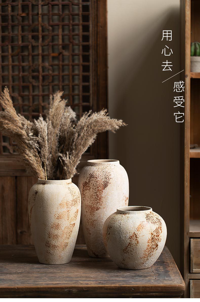 新中式侘寂风装饰品摆件斑驳老旧粗陶罐玄关电视柜插花陶瓷大花瓶详情4