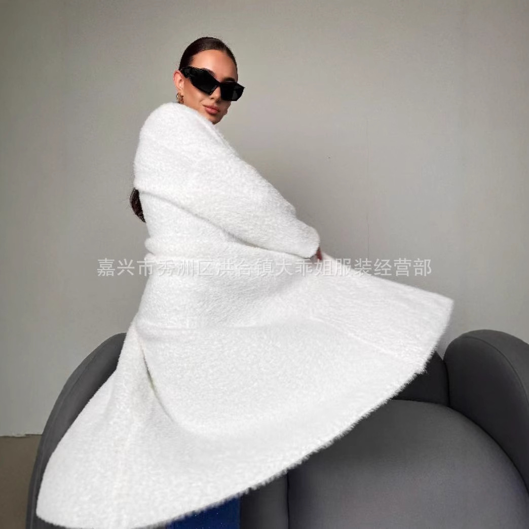 仿貂绒白色毛衣开衫女秋冬过膝长款纯色针织衫宽松慵懒风大衣外套详情6
