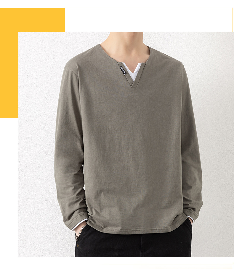 Two V-neck long-sleeved T-shirts for men, a thin spring and autumn top, pure cotton outerwear, a long Johns, a sweatshirt, and a casual base layer pic 7
