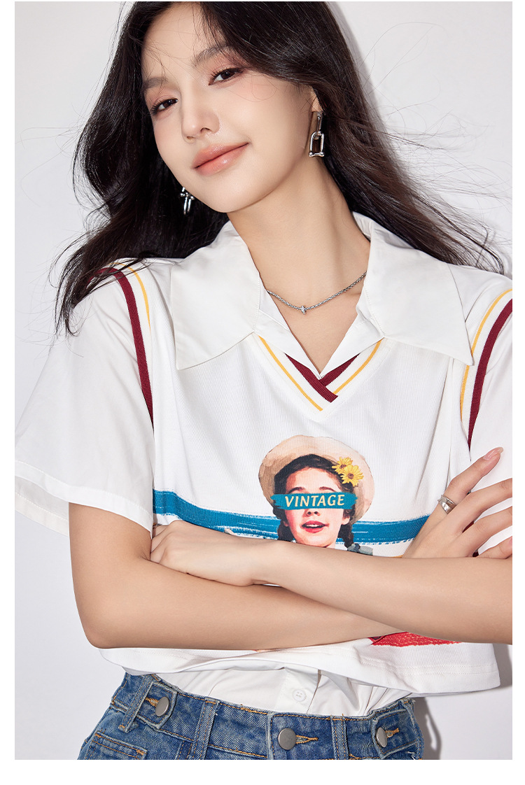 G9068假两件衬衫女装2024夏女孩印花彩绘韩版设计感别致短袖上衣详情10