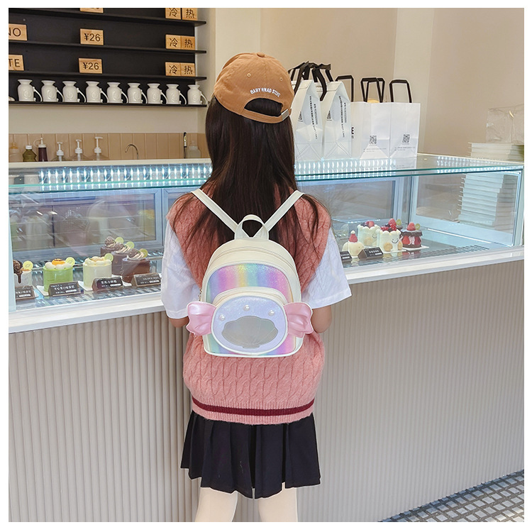 Rainbow gradient sequin backpack, pearl shell pattern, pink bow, outdoor hiking canvas schoolbag, lightweight and durable pic 38