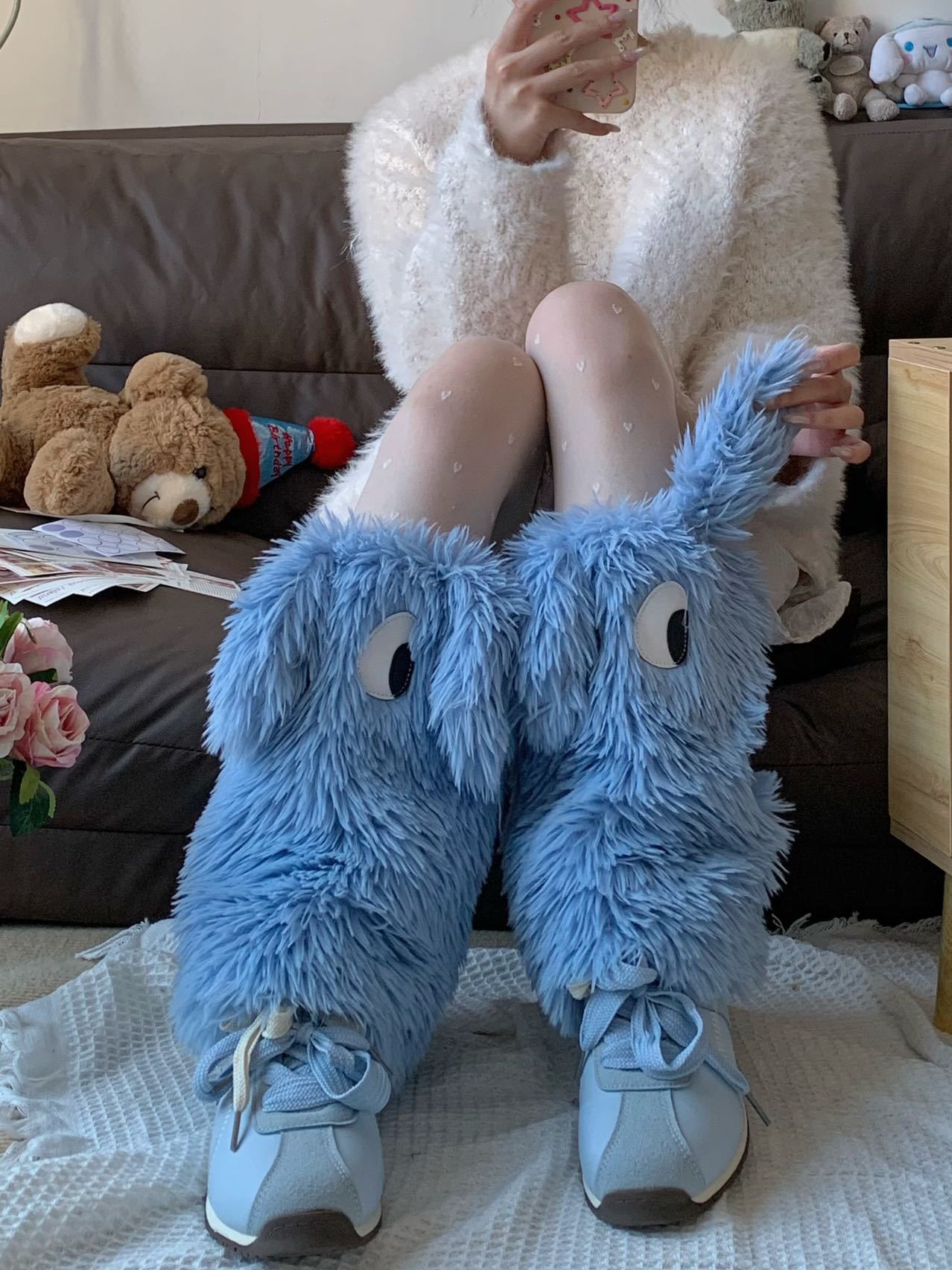 原创Y2K怪怪眼毛绒时尚保暖袜套毛毛腿袜保暖加厚腿套堆堆袜脚套详情11