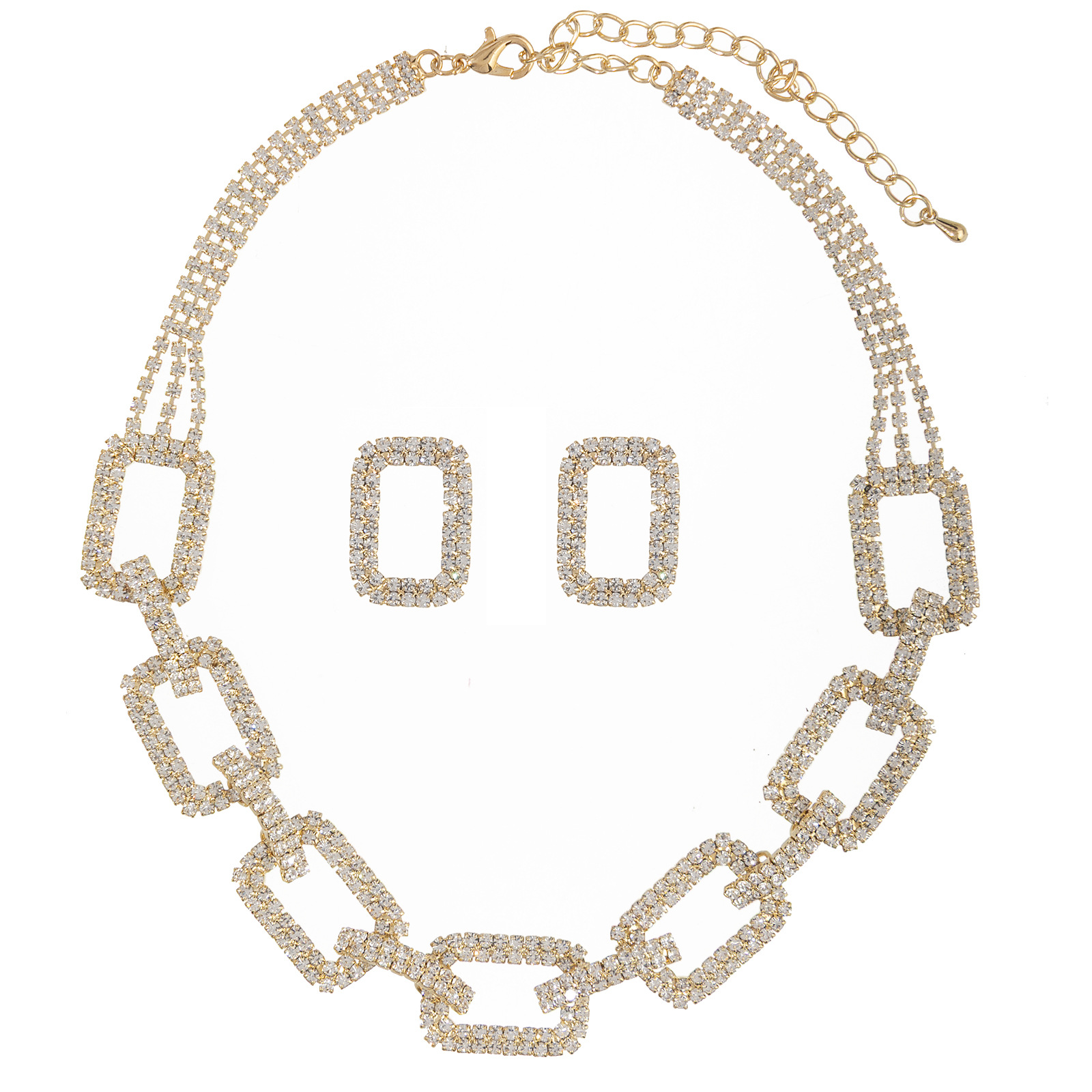 亚马逊热销水钻链条耳钉+项链套装 跨境欧美设计感满钻闪亮方形两件首饰套装厂家批发详情7