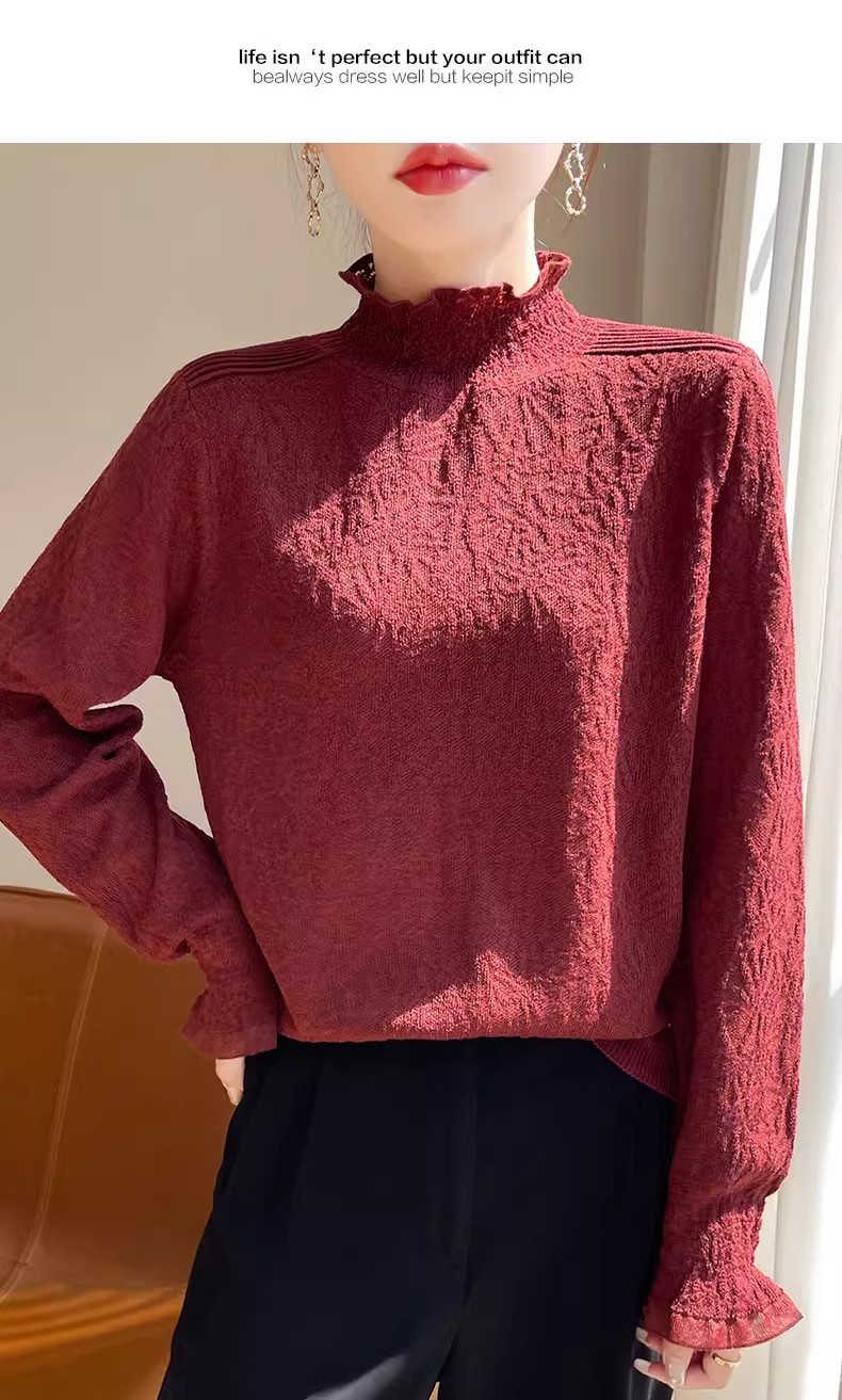 The 2025 autumn/winter new style lace and black ear-trimmed semi-high neck base layer for women is super stylish. Pair it with an A9325 sweater pic 20