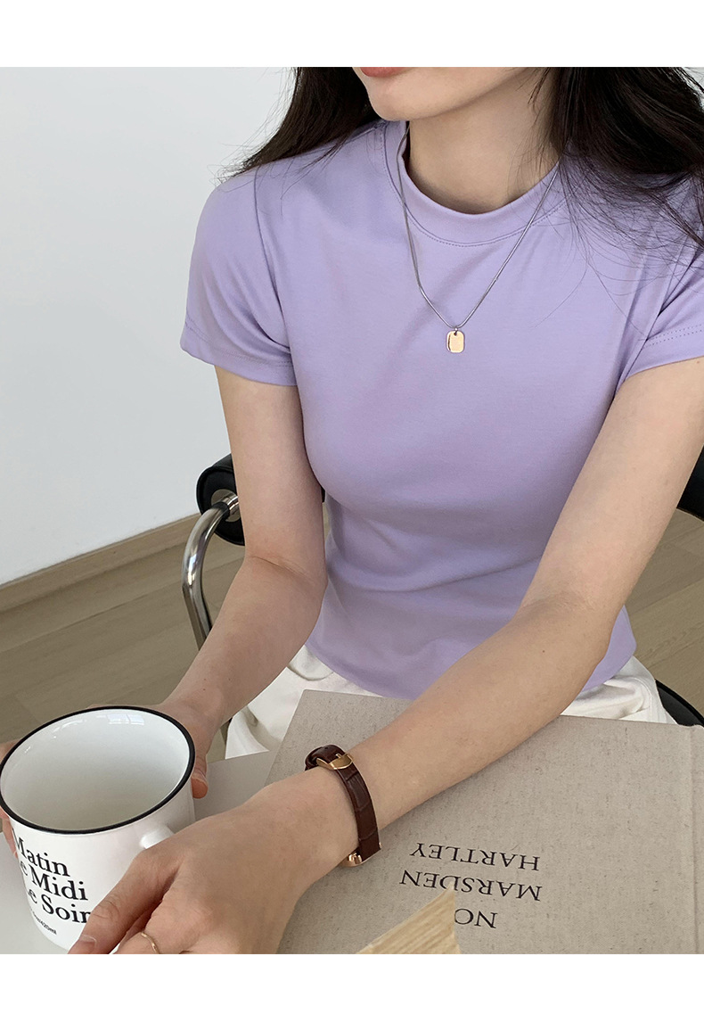 美式纯色正肩短袖t恤女2025ins潮牌辣妹圆领叠穿打底体恤修身显瘦详情21