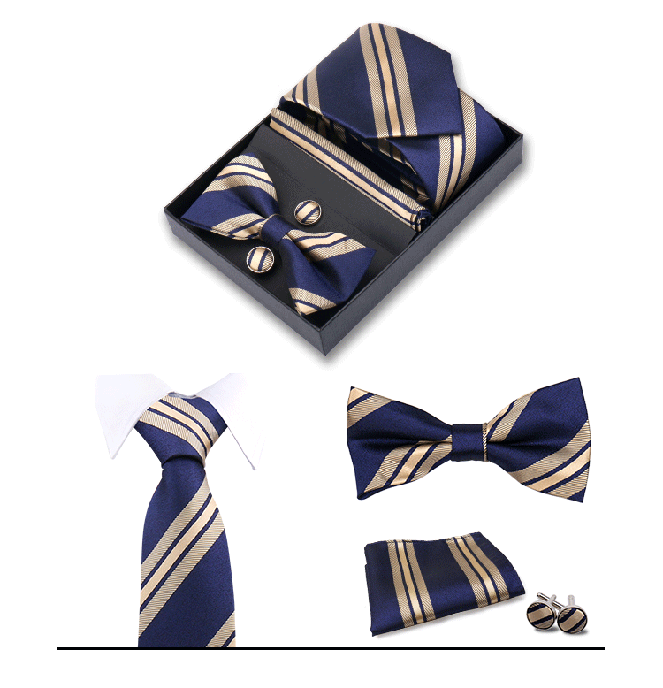 男士商务8cm领带领结口袋巾5件套礼盒装婚礼宴会条纹黑色手打领带详情45