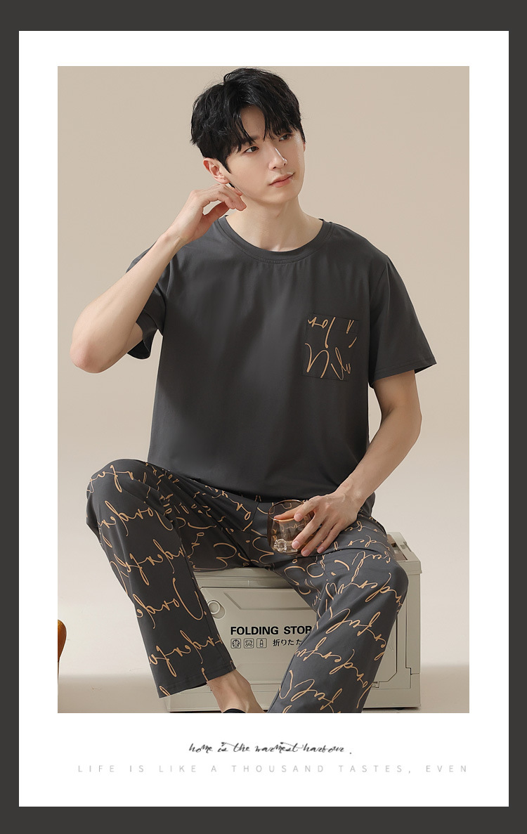 Summer pure cotton pajamas for men, cartoon casual short-sleeved shirts and long pants, pure cotton comfortable home wear, summer youth student set pic 109
