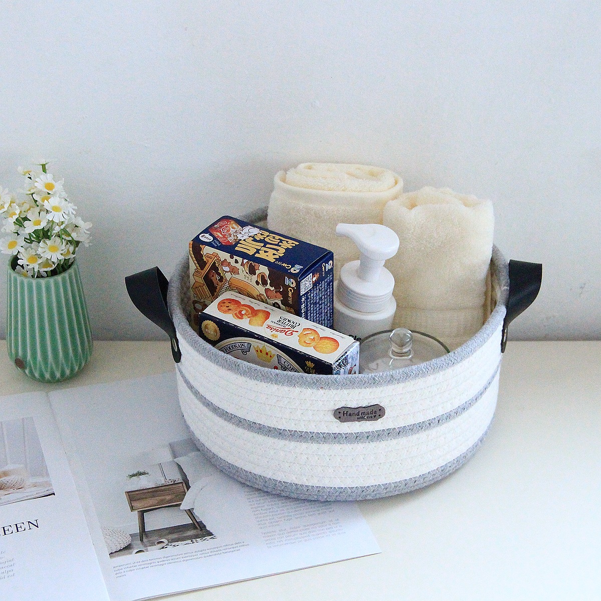 Round cotton rope woven storage basket with leather handle, InS-style desktop storage basket, cosmetics and toys storage box, Nordic style pic 24
