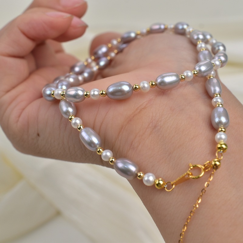 45cm natural freshwater pearl grey rice bead necklace for women, light luxury, simple and versatile collarbone chain S925 silver neck chain pic 11