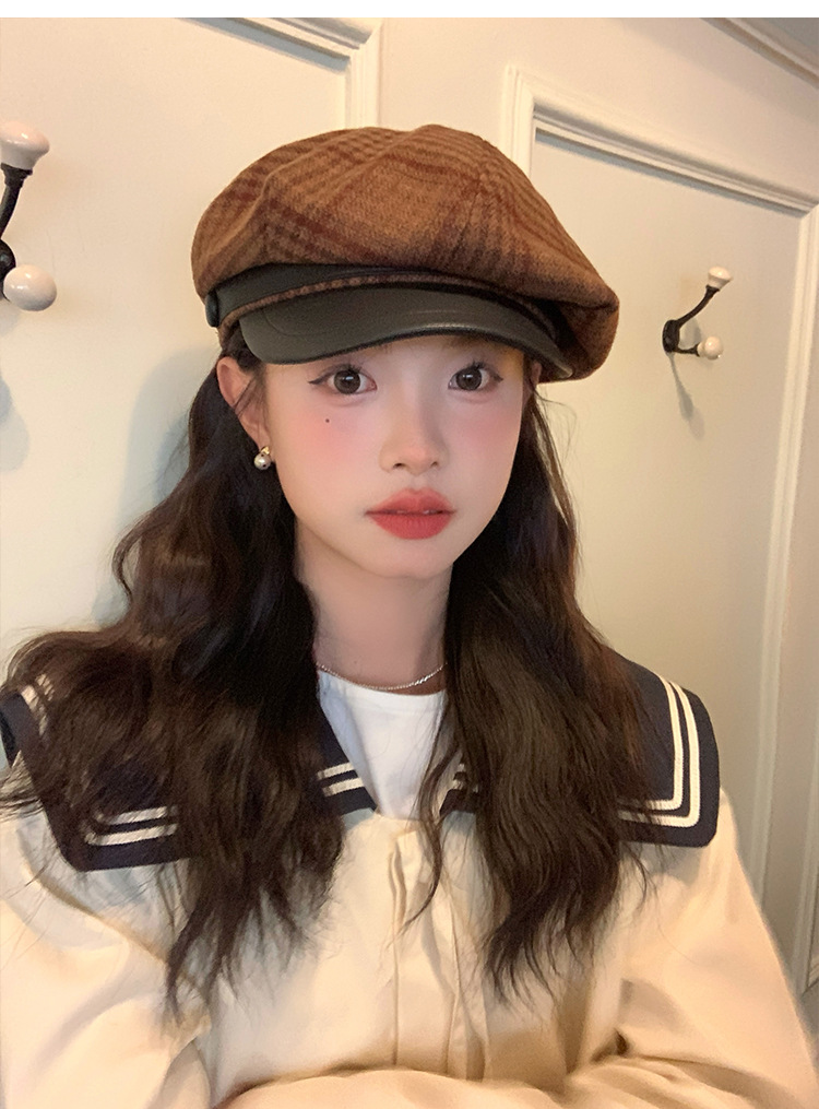 Cool and elegant checkered retro British octagonal newsboy hat for women 2024 new style face-enhancing small beret pic 1