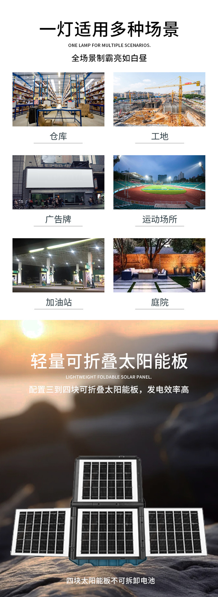 跨境三块太阳能板LED户外照明投光灯大容量长续航带挂钩工作灯详情2