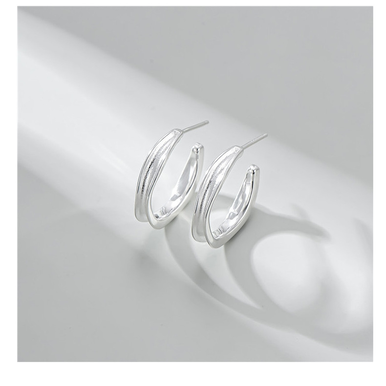 S925 sterling silver basic style Korean-style bright silver C-shaped earrings, retro style Korean fashion earrings wholesale pic 19