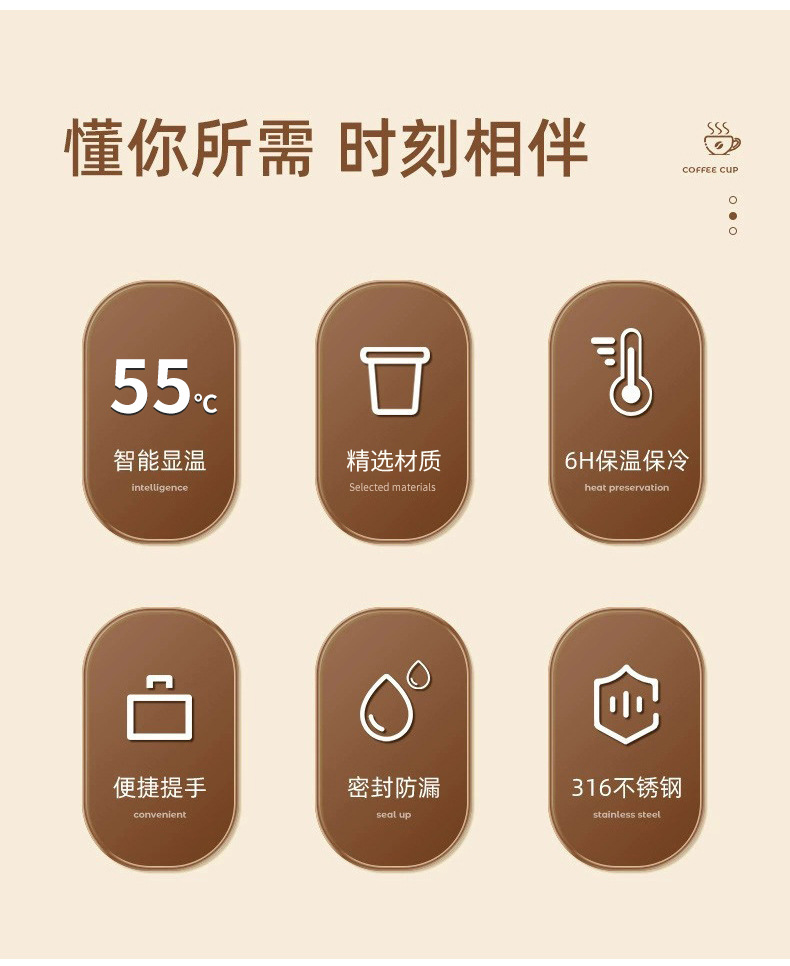 Customized cross-border smart 316 stainless steel coffee cups, insulated cups with handles, water cups for men and women traveling together, and cold preservation cups pic 2