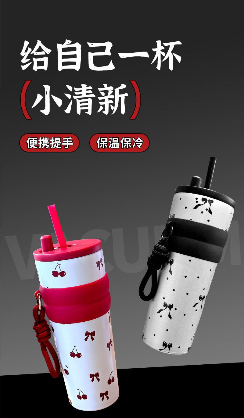 新款不锈钢咖啡杯提绳吸管杯小清新图案女生高颜值保温杯便携水杯详情1