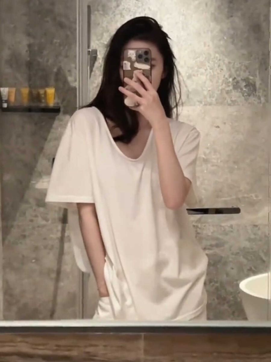 韩版宽松慵懒短袖白色t恤女大U领打底衫夏季薄款显瘦纯色百搭上衣详情3