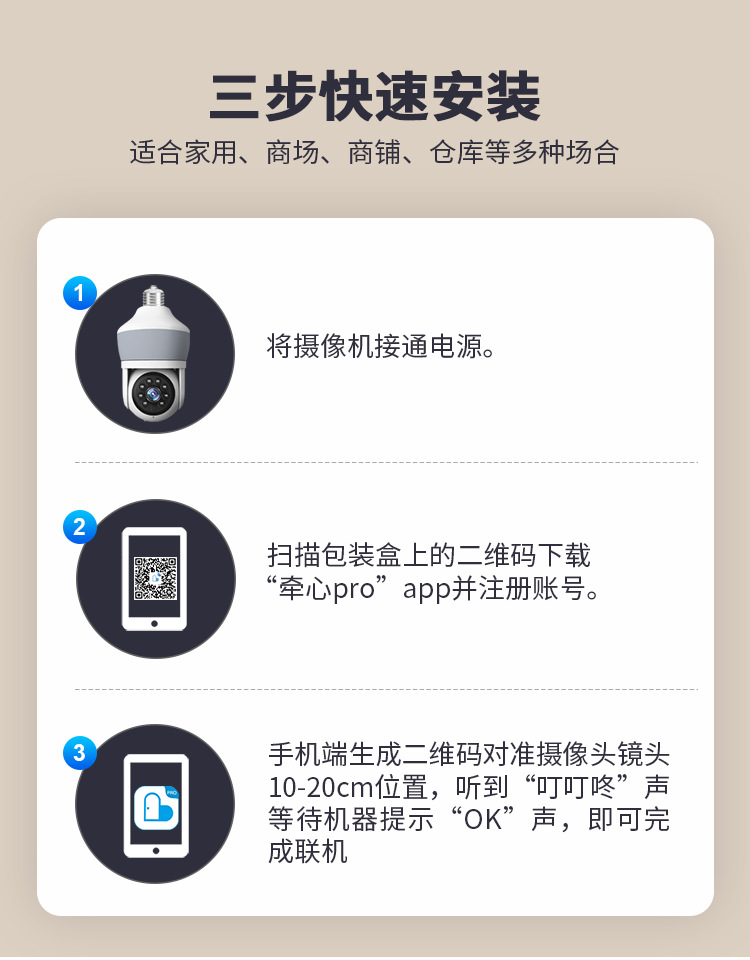外贸爆款3MP智能家用E27灯泡监控摄像头高清夜视手机远程跨境工厂详情10