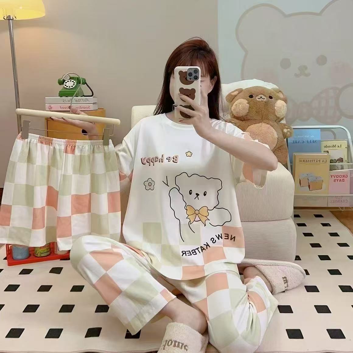 pajamas外贸工厂批发卡通夏季睡衣女短袖大码长裤三件套家居套装详情43