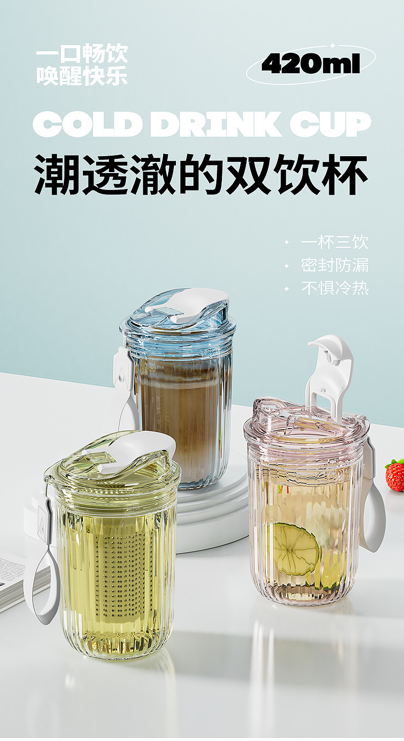 Portable double-drinking cup, plastic, high appearance level, portable water cup, office cup, direct drinking cup, coffee gift cup pic 1