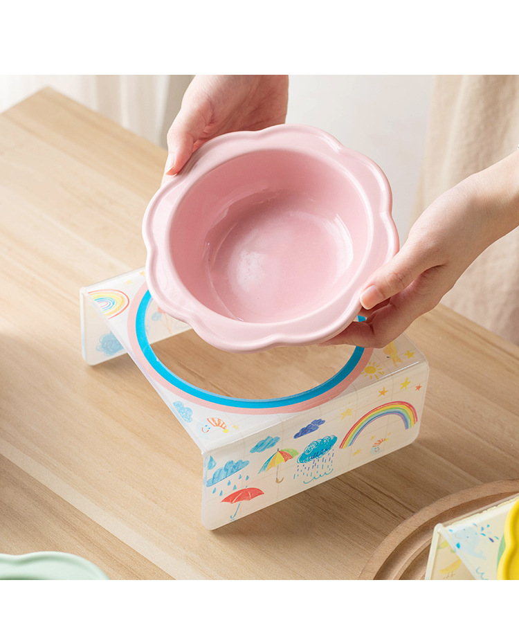 Cartoon pet bowl, acrylic stand, flower ceramic cat bowl, height-increasing dining table, single bowl stand for cats and dogs, neck guard to prevent knocking pic 10