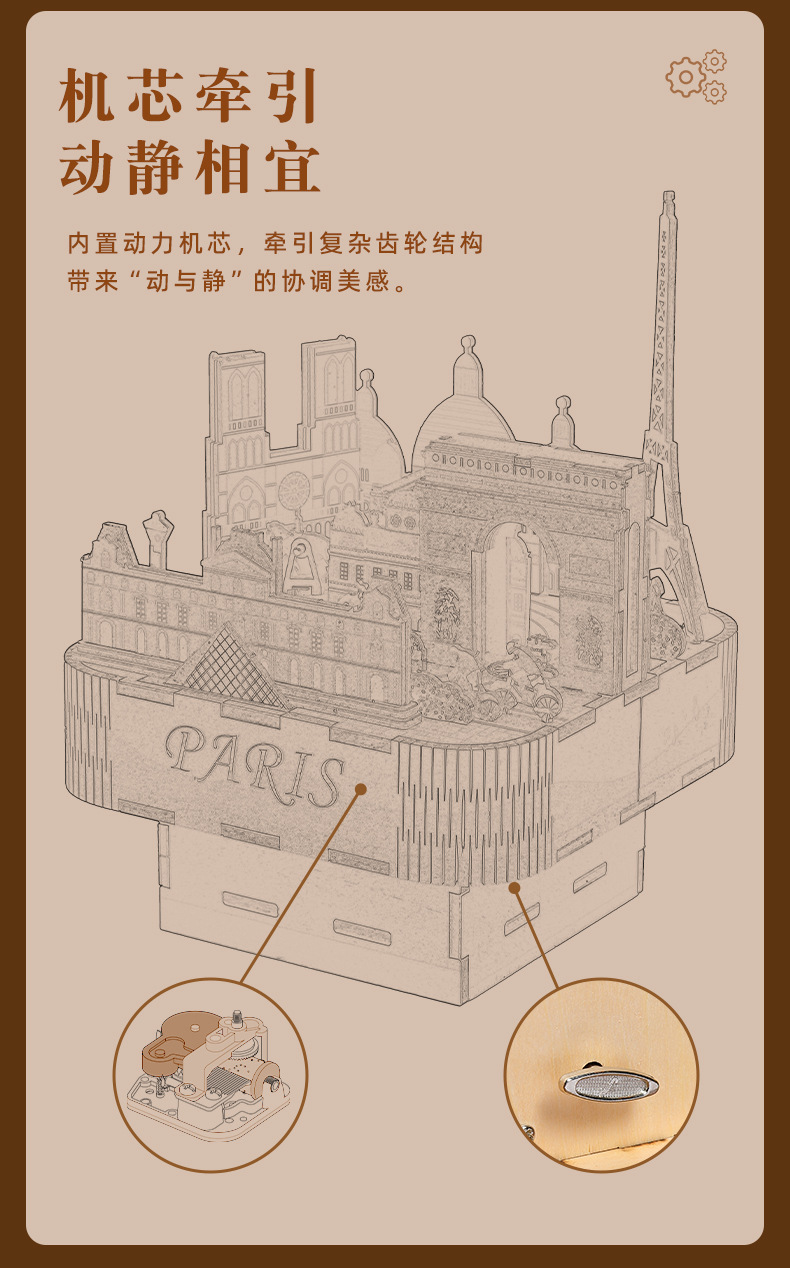 Cross-border exclusive Romantic Parisian wooden music box 3D stereoscopic puzzle diy handcrafted educational assembly model toy pic 6