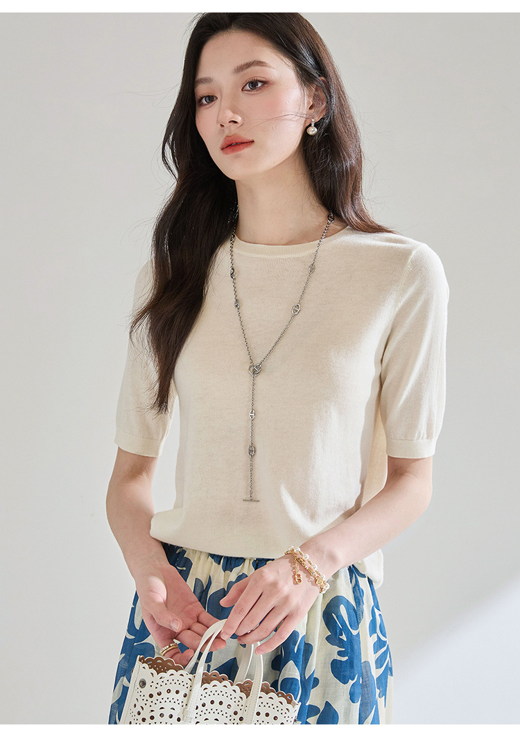 Summer 100% wool short-sleeved round-neck base knitted sweater for women, loose and elegant, versatile T-shirt and sweater 25252 pic 13