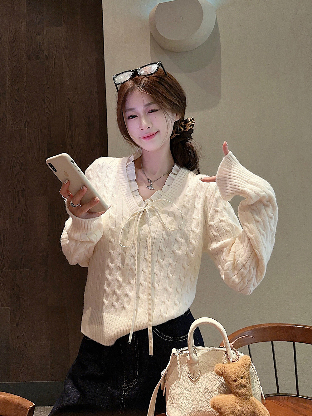 韩系学院风设计感假两件长袖毛衣针织衫女冬季蓝色温柔风修身上衣详情18