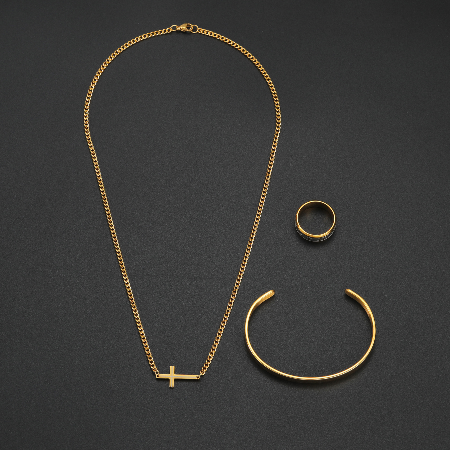 The new cross-border temu Xiyin jewelry set, titanium steel bracelet, cross necklace and ring, is a must-have for trendy men in Europe and America pic 3