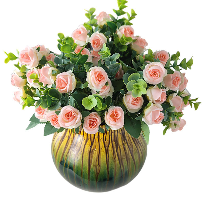 仿真茶玫11头玲珑玫瑰尤加利把束花客厅摆设婚庆装饰小把花绢花详情3