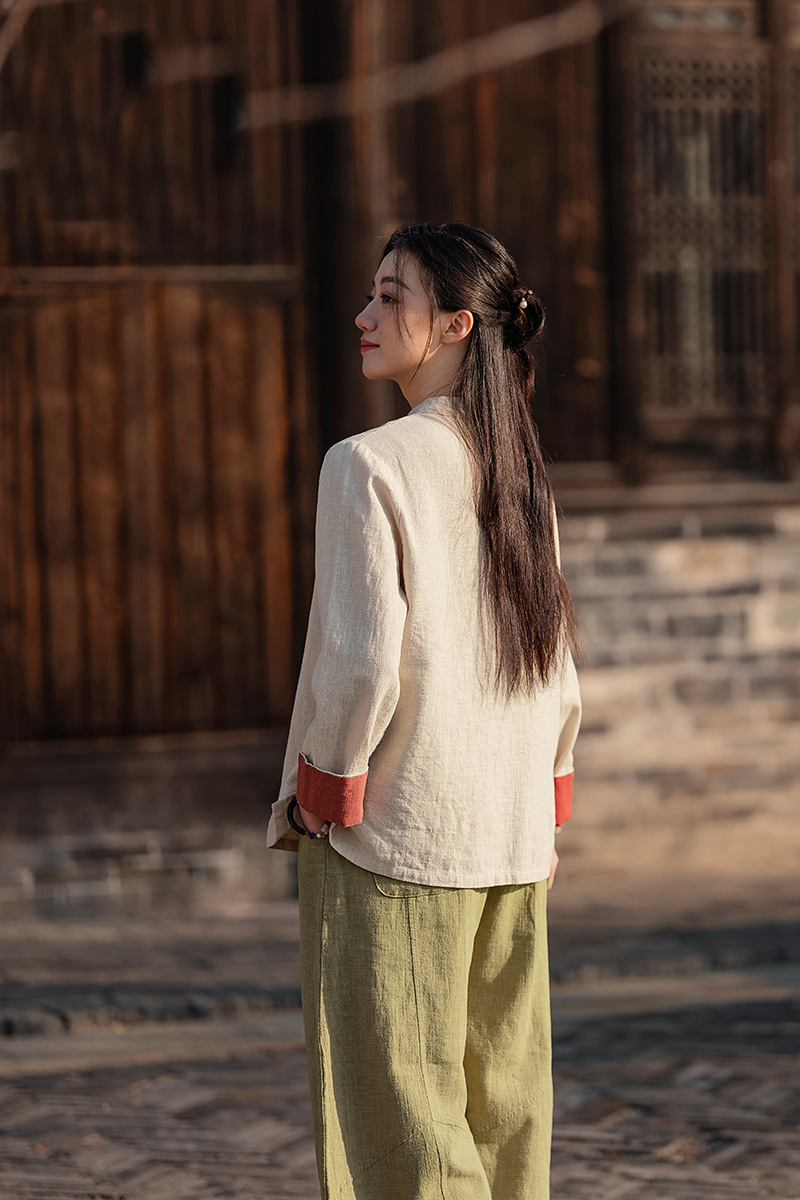 国潮中式棉麻女装拼色盘扣衬衫复古亚麻上衣茶服女禅意中山装国风开衫详情28