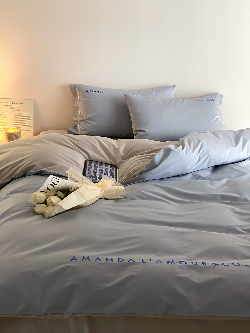 Simple, light luxury and fashionable solid-color long-staple cotton four-piece set, pure cotton letter-embroidered duvet cover, double bedding pic 25