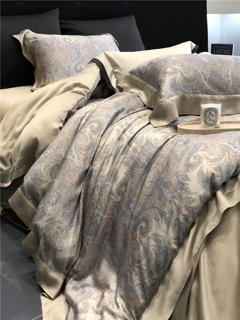 Cool ultra-fine denier Tencel summer light and cool condensation filament four-piece set, elegant printed sweat-absorbing nude bedding pic 26