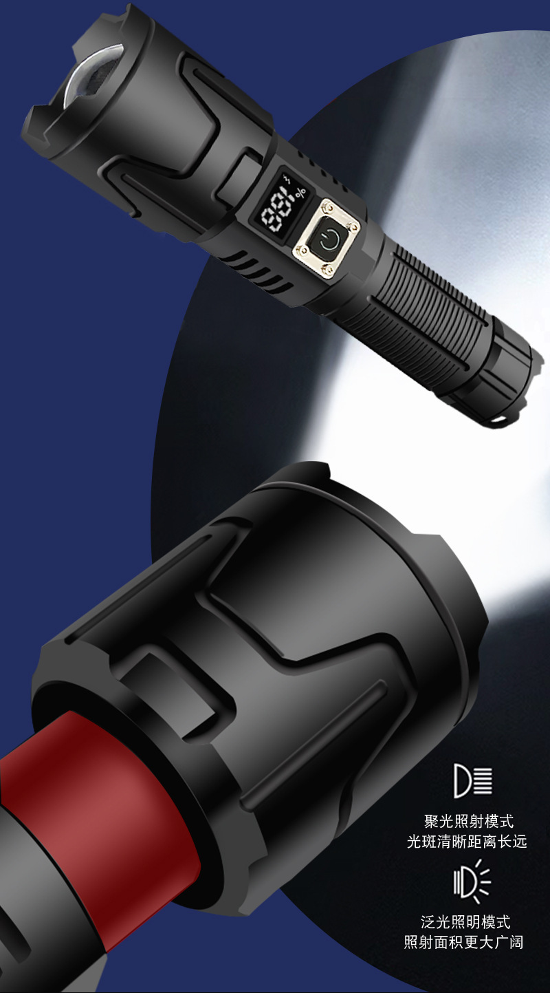 New white laser high-power Type-C charging outdoor zoom long-range screen display LED flashlight pic 6