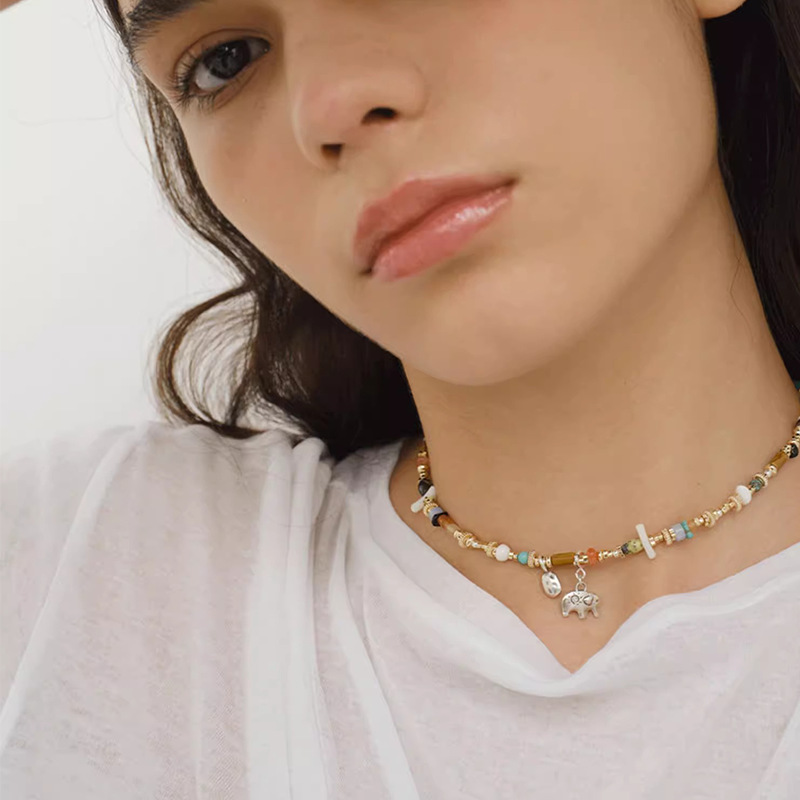 天然石混石小象项链女小众时尚高级感彩色串珠银色大象吊坠锁骨链详情5