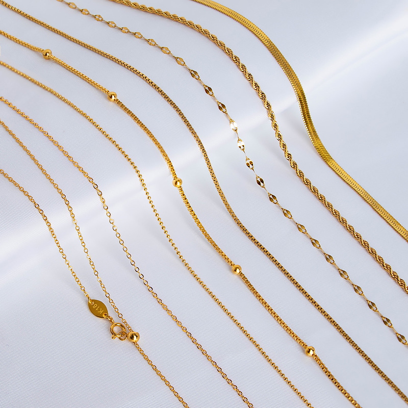 18K gold plain chain necklace for women, O-shaped chain, collarbone chain, snake bone, colored gold, titanium steel, fine single chain, rose gold, no pendant pic 1