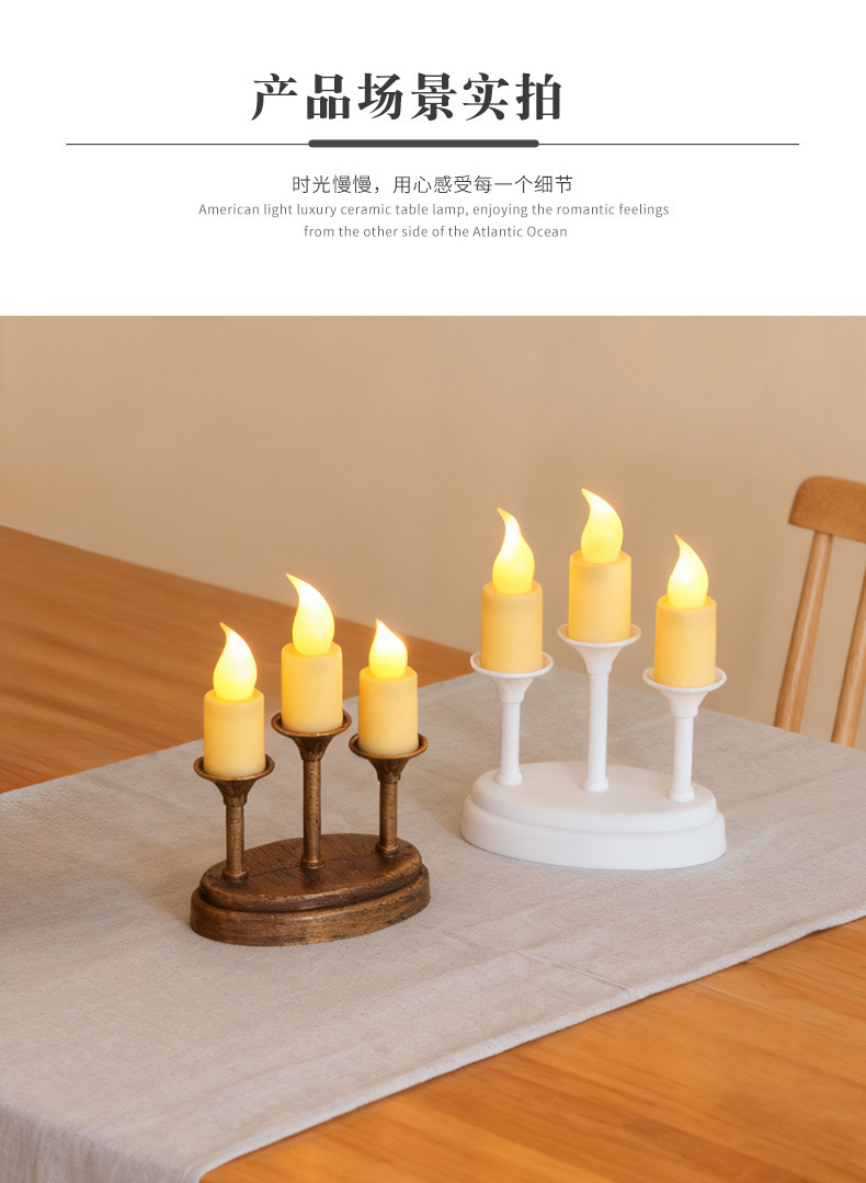 Retro three-headed LED electronic candle lamp, Nordic InS-style home decoration candlestick ornament, realistic romantic atmosphere lamp pic 5