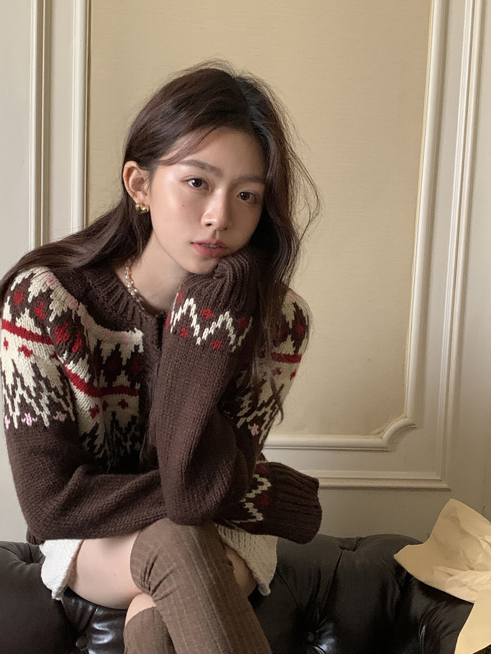 费尔岛复古美式少女撞色波普提花单排扣针织开衫厚实保暖毛衣外套详情21