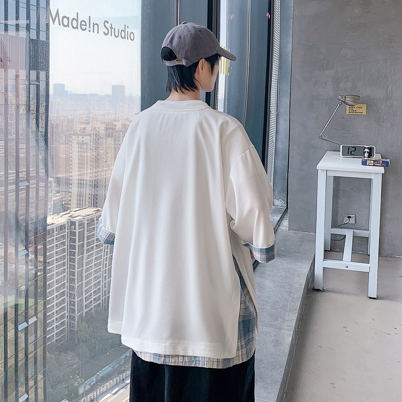 This is a new summer fashion Hong Kong brand ice silk T-shirt with a checkered patchwork design and a unique three-quarter sleeve style pic 4