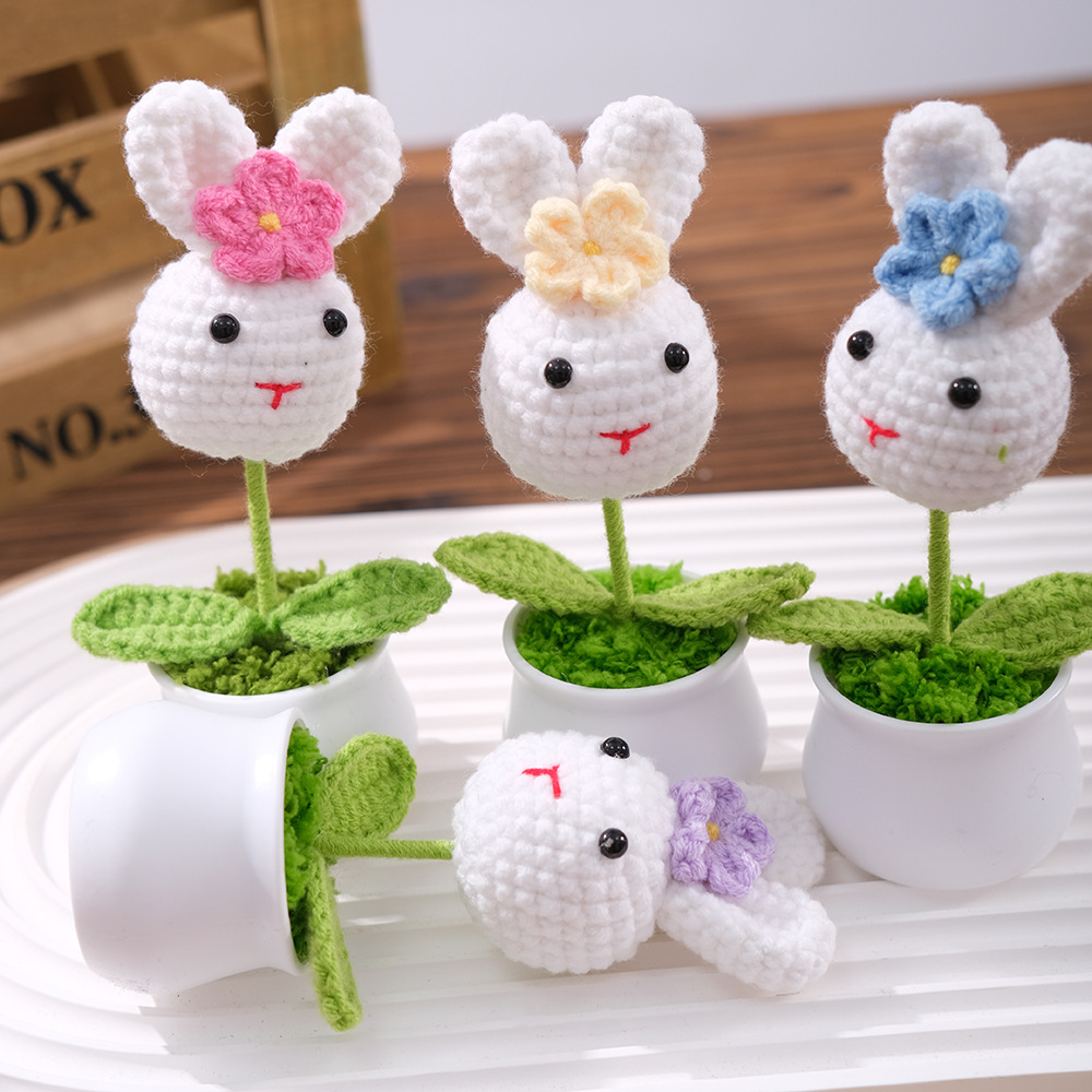 仿真迷你小兔子毛线针织成品盆栽diy装饰送朋友老师桌面实用礼品详情2