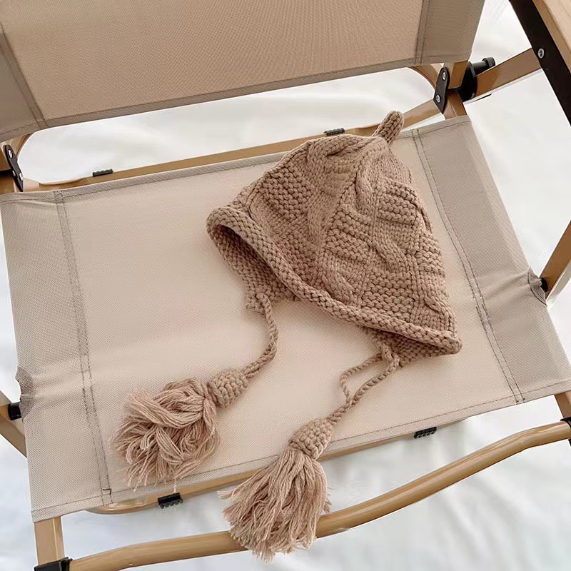 女童秋冬加厚流苏系带套头帽洋气手工针织帽新年红色帽保暖包头帽详情6