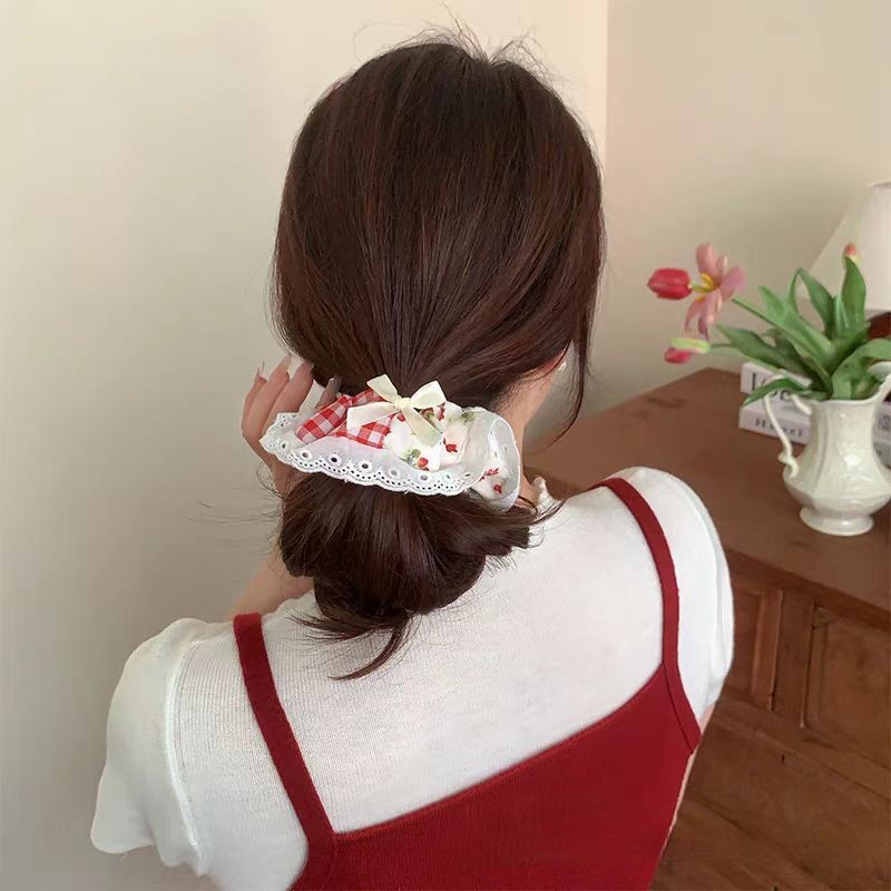 甜美清新蝴蝶结韩系大肠发圈蕾丝花边新款马尾发绳少女心头绳发饰详情1