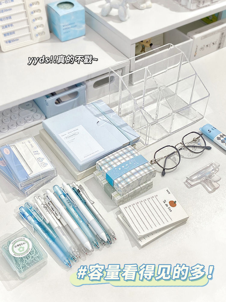 Transparent five-compartment acrylic pen holder, ins high appearance level storage box, desk storage, square plastic pen holder storage pic 2