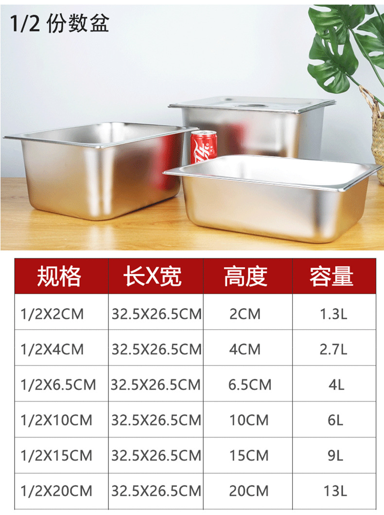 304不锈钢份数盆加厚带盖自助餐食物盆不锈钢长方形分数盘1/1批发详情8