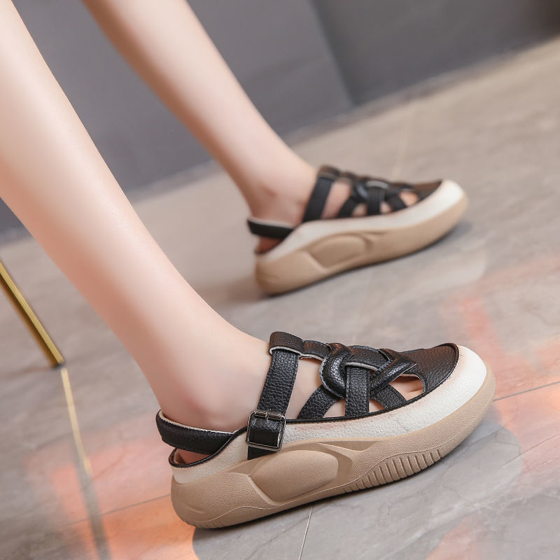 软底皮凉鞋女2025夏季新款外穿时尚厚底百搭包头透气镂空洞洞鞋女详情1