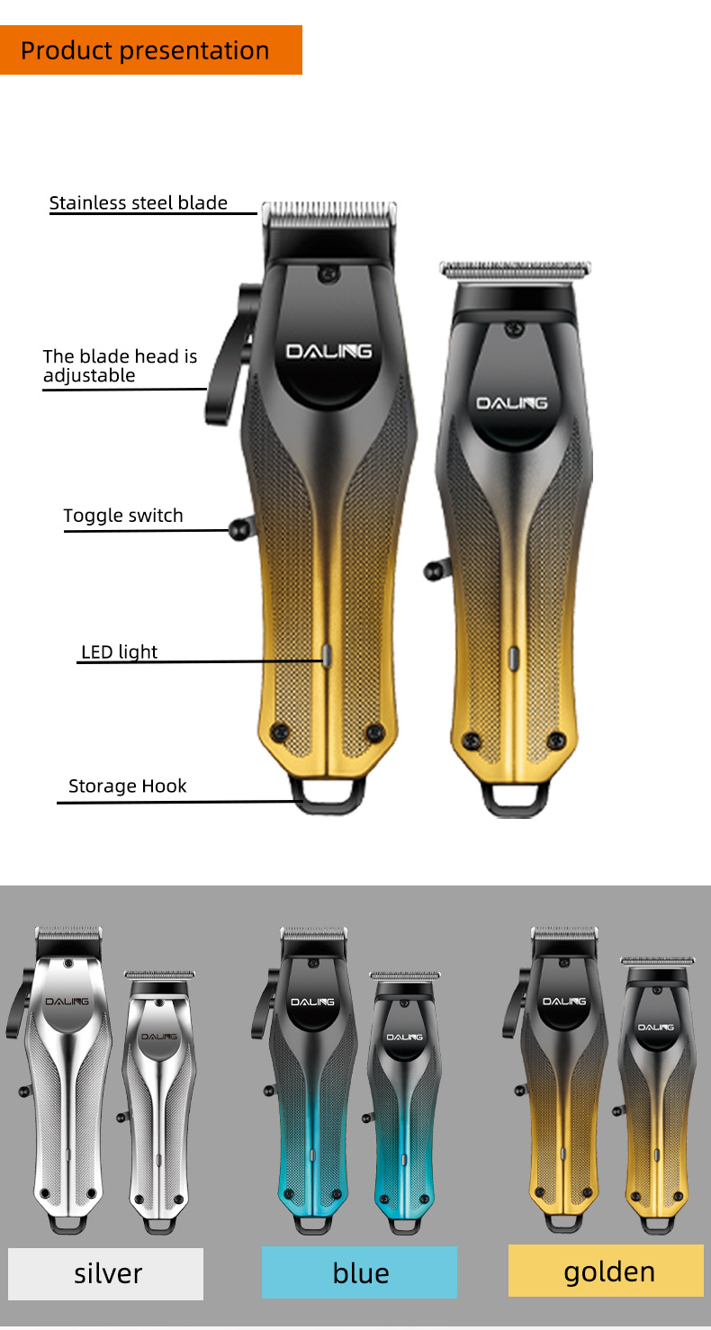 DALING 9315 Hair Clipper Set, gradient body, USB charging port, electric pusher, Professional hair clipper pic 10