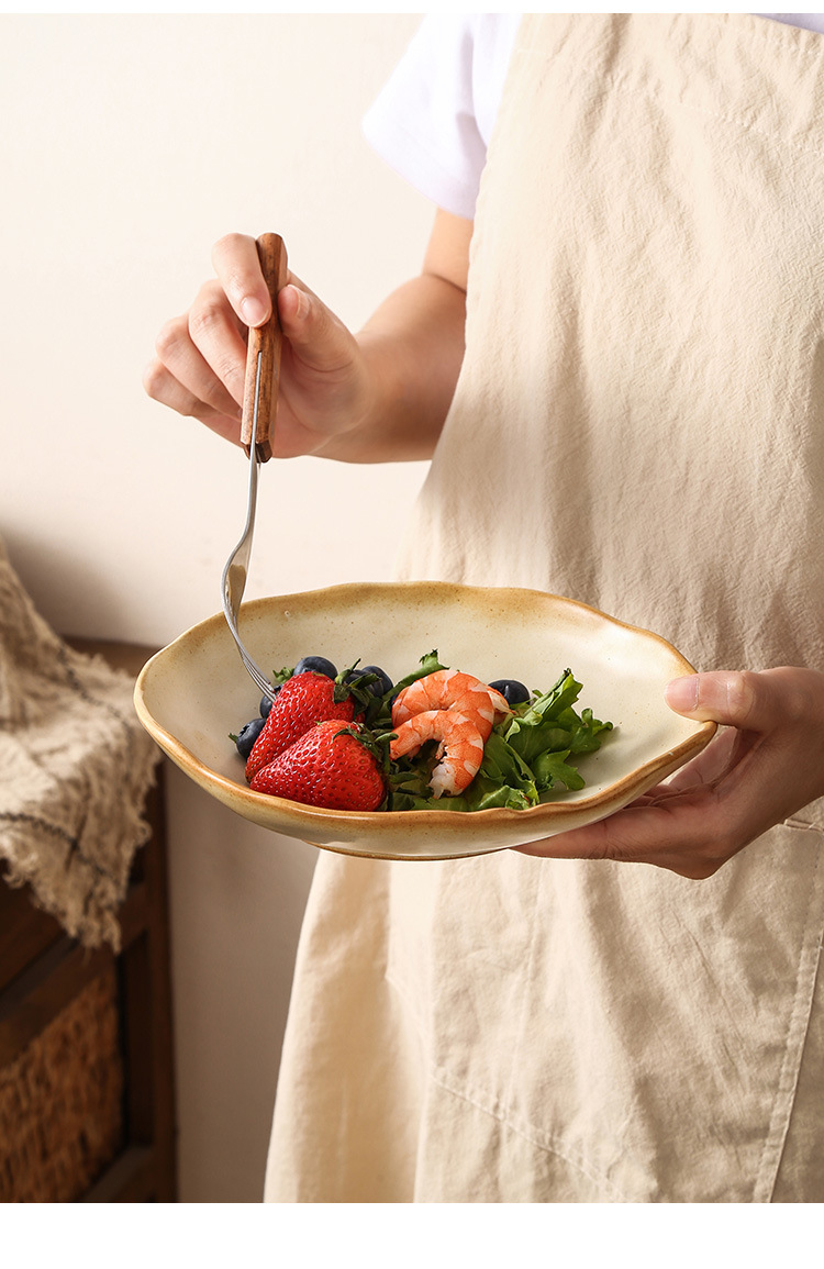 Retro-style rough pottery high-temperature resistant tableware, household vegetable plates, rice bowls, soup bowls, water cups, irregular-shaped kiln-transformed dinner plates, creative plating pic 12