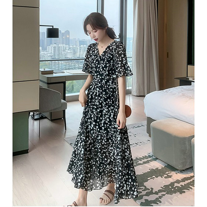 New summer dress for women, black knee-length floral chiffon, V-neck dress, fairy-like, super fairy-like and forest-like style pic 11